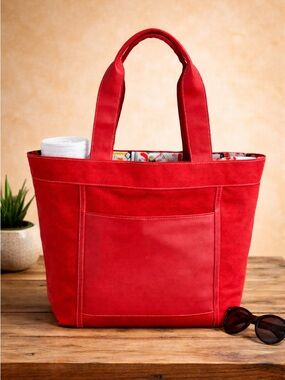 Lancôme Red Canvas Tote Bag Faux Leather Handles Travel Beach Large EUC